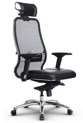 Кресло Samurai SL-3.04. Обивка - сетчатая ткань/ экокожа, цвет черный. Съемный 3D подголовник. Пластиковые подлокотники 4D. Хромированная крестовина с округленным сечением лучей. Синхромеханизм. Нагрузка до 150 кг.