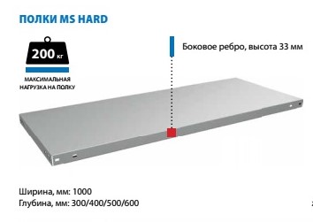 Полка стеллажа металлическая 1000х300мм MS Hard нагрузка до 200 кг.  ПОД ЗАКАЗ 