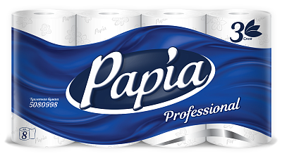 Бумага туалетная 3-х слойная "Papia Professional" длина рулона 16,8 м, белая с тиснением, 100 % - целлюлоза, 8 рул/ упак,