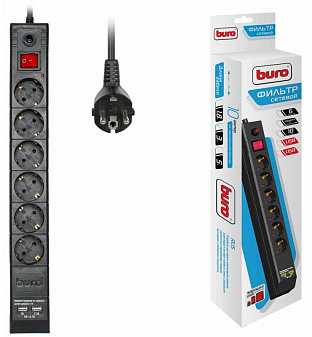 Сетевой фильтр "Buro BU-SP3_USB_2A-B"  6 розеток, мощность 2200Вт, номинальный ток 10А, длина провода 3м, цвет черный 
