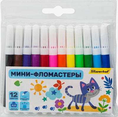 Фломастеры 12 цветов Silwerhof  "Веселые друзья", диаметр корпуса 8 мм, длина корпуса 88 мм( короткие), вентилируемый пулевидный наконечник, пакет с европодвесом