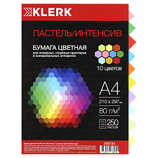 Бумага KLERK формат А-4, плотность 80 г/м2, 250 листов, интенсив+пастель, 10 цветов по 25 листов