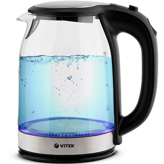 Чайник стекло Vitek VT-7095 объем 1,8 л, мощность 2200Вт, диск, подсветка, цвет черный