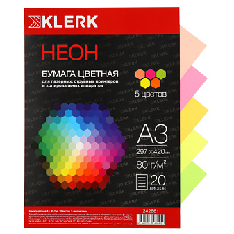 Бумага KLERK формат А-3, плотность 80 г/м2, 20 листов, неон, 5 цветов по 4 листа