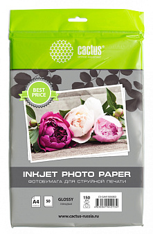 Фотобумага Cactus CS-GA415050ED,  А4, плотность 150г/м. глянцевая, 50л., односторонняя, для струйных принтеров.