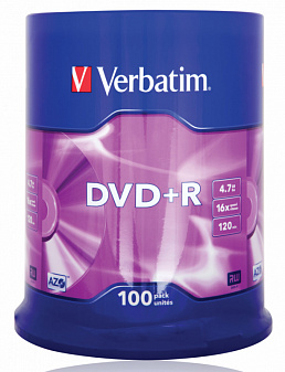 Диск DVD+R  100шт/уп, Verbatim Cake Box, 4.7ГБ, 16х