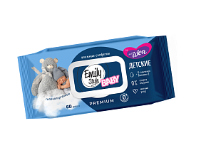 Салфетки влажные детские, гипоаллергенные  "Emily Style" 60 шт в мягкой упаковке с крышкой