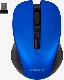 Мышь беспроводная SONNEN V18 оптическая (1600dpi) USB, 4 кнопки, радиус действия 10м, размер 7х10,4x3,5мм, цвет синий