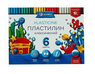 Пластилин 6 цветов  "Глобус" Классика 120 грамм