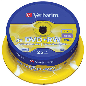 Диск DVD+RW  25шт/уп, Verbatim Cake Boxe, 4.7ГБ, 4х