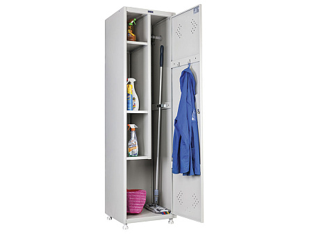 Шкаф для инвентаря усиленный ML-11-50U (LS- 11-50) Размер: 1860х500х500 мм (ВхШхГ) Вес: 26 кг. Наличие яруса на три полки, перекладины с крючками и  держателя для швабры. Поставляются в разобранном виде. ЗАКАЗНАЯ ПОЗИЦИЯ  