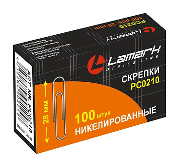 Скрепки 28 мм "Lamark" никелированные, круглые, 100 шт/упак