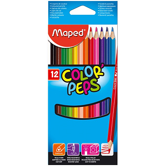 Карандаши цветные  12 цветов  "MAPED" деревянные, трехгранные, длина 178мм, ударопрочные, картонная упаковка с европодвесом