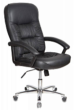 Кресло Т-9908AXSN-AB Black. Обивка - кожа, цвет черный. Пластиковые подлокотники с мягкими накладками. Хромированная крестовина. Механизм Топ-ган. Нагрузка: до 120 кг.