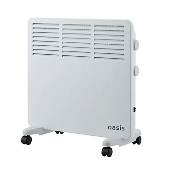 Обогреватель конвекционный OASIS VK-10, мощность 1000Вт, до 15 кв.м, настенное крепление и напольная установка на ножках с колесиками, механическое управление, цвет белый 
