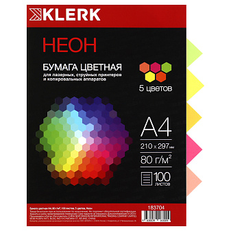 Бумага KLERK формат А-4, плотность 80 г/м2, 100 листов, неон, 5 ярких цветов по 20 листов