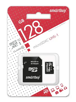 Карта памяти SmartBuy MicroSDXC 128GB UHS-1, Class 10, скорость чтения 90Мб/сек (с адаптером SD) 