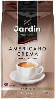 Кофе в зернах, мягкая упаковка 1кг, 90% Арабика 10% Робуста, JARDIN Americano Crema