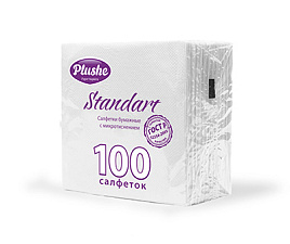 Салфетки бумажные белые 1-слойные "Plushe Standart" 100 листов в упаковке, размер: 24х24 см, микротиснение