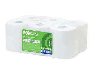 Бумага туалетная 1 слойная 200 м "Focus", диаметр 17 см, диаметр втулки 5,8 см, высота рулона 9 см, белая, 100 % - целлюлоза, плотность 19 гр./м2, 12 рул/упак