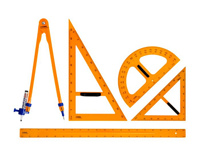 Чертежный набор для классной доски: 2 треугольника, транспортир, циркуль, линейка 100 см/под заказ