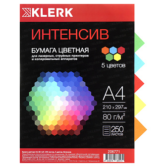 Бумага KLERK формат А-4, плотность 80 г/м2, 250 листов, интенсив, 5 цветов по 50 листов