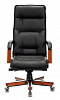 Кресло T-9927WALNUT/BLACK. Обивка - кожа, цвет черный. Деревянная крестовина. Деревянные подлокотники с мягкими накладками. Механизм качани с фиксацией в нескольких положениях. Нагрузка до 200 кг.