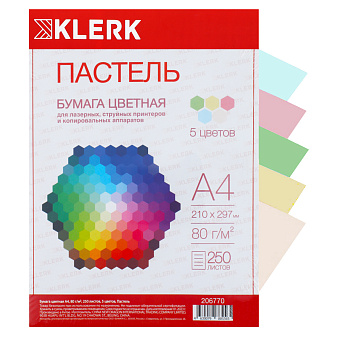 Бумага KLERK формат А-4, плотность 80 г/м2, 250 листов, пастель, 5 цветов по 50 листов