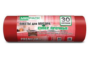 Мешки для мусора "MirPack PREMIUM+" ПСД 30л 20шт в рулоне, плотность 20 мкм, размер 50х60 см, красные 
