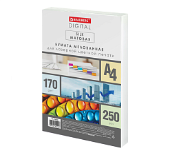 Бумага BRAUBERG DIGITAL А-4, плотность 170 г/м2, белизна 130%, яркость 130% ISO, 250 листов, каландрированная, мелованная матовая, покрытие Silk