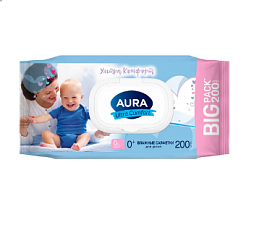 Салфетки влажные детские, гипоаллергенные "AURA Ultra Comfort, 0+" 200 шт в мягкой упаковке с крышкой