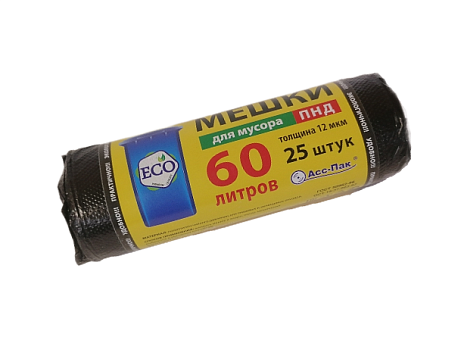 Мешки для мусора ПНД  60л 25шт в рулоне, плотность 12 мкм, размер 55х75 см, черные