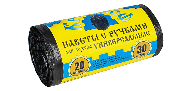 Мешки для мусора "Крепакоф" ПНД 20л 30шт в рулоне с ручками, плотность 9 мкм, размер 41х54 см, черные