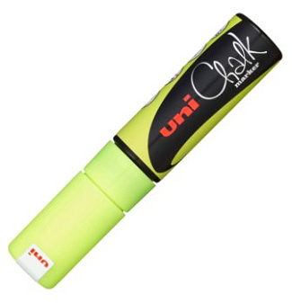 Маркер мелковый UNI Chalk PWE-8K, флуоресцентно-жёлтый, клиновидный наконечник, толщина линии до 8,0 мм, водная основа 