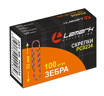 Скрепки  33 мм "Lamark" "Зебра" с виниловым покрытием,  круглые, цветные 100 шт/упак