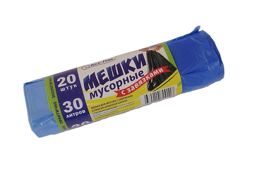 Мешки для мусора ПНД 30л 20шт в рулоне с завязками, плотность 12 мкм, размер 47x50 см, синие